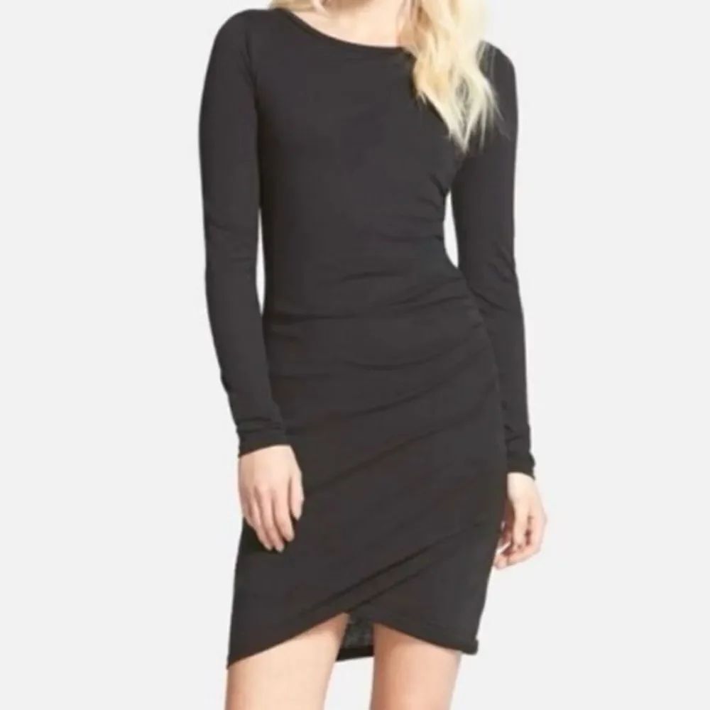 Leith Black Casual LBD Sise Ruched Mini Tshirt Dress Asymmetrical S